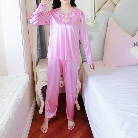 Goodtrade8 Pajamas for Women Set Plus Size 2 Piece Long Sleeve Casual Solid Color V-Neck Soft Womens Pj Tops