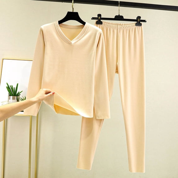 Goodtrade8 Pajamas for Women Set Plus Size Fleece V-Neck 2 Piece Long Sleeve Solid Color Casual Pj Tops for Women