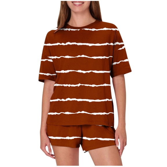 Goodtrade8 Pajamas for Women Set Soft 2 Piece Lightweight Short Sleeve Casual Striped Crew Neck Pj Tops for Women