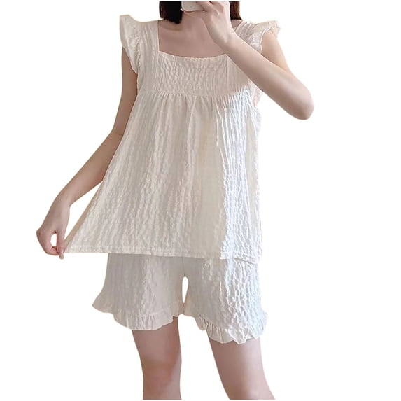Goodtrade8 Pajamas for Women Set Square Neckline Button Down Casual 2 Piece Short Sleeve Sleepwear Solid Color Ladies Pjs