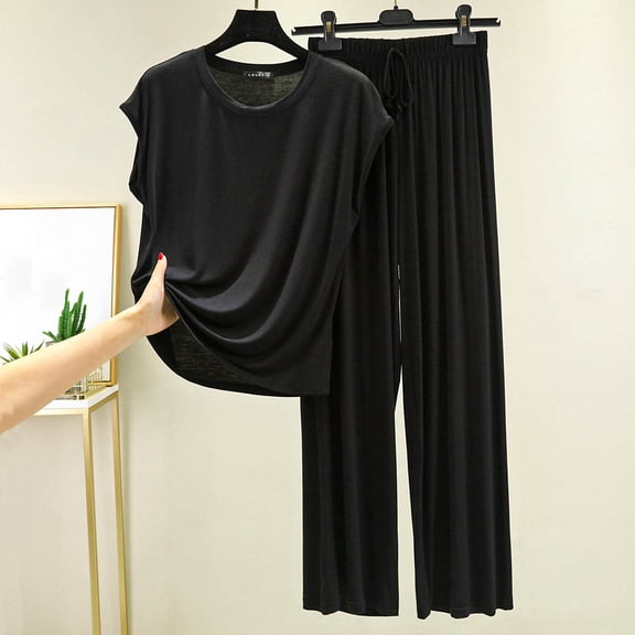 Goodtrade8 Pajamas for Women Soft 2 Piece Sleepwear Casual Short Sleeve Crew Neck Solid Color Women Pj Sets