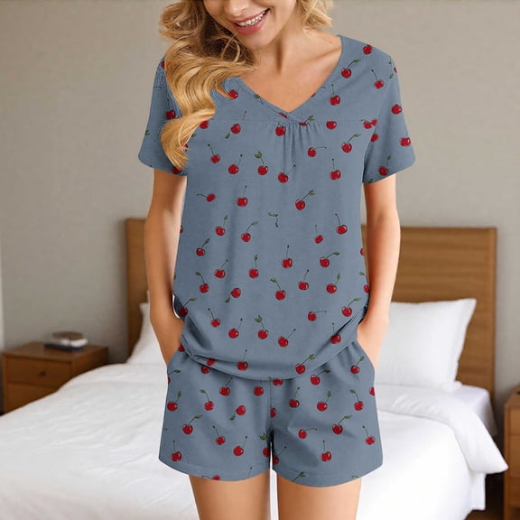 Goodtrade8 Petite Pajamas for Women Set with Pocket Printed Short Sleeve V-Neck Sleepwear Casual Women's Pajamas