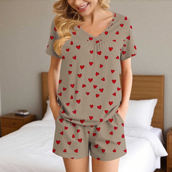 Goodtrade8 Petite Woman Holiday Set with Pocket Printed V-Neck Sleepwear Short Sleeve Casual Women Pjs