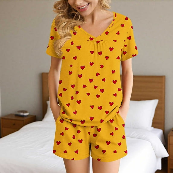 Goodtrade8 Petite Womenswear Pajamas with Pocket Sleepwear Casual Printed Short Sleeve V-Neck Ladies Pjs