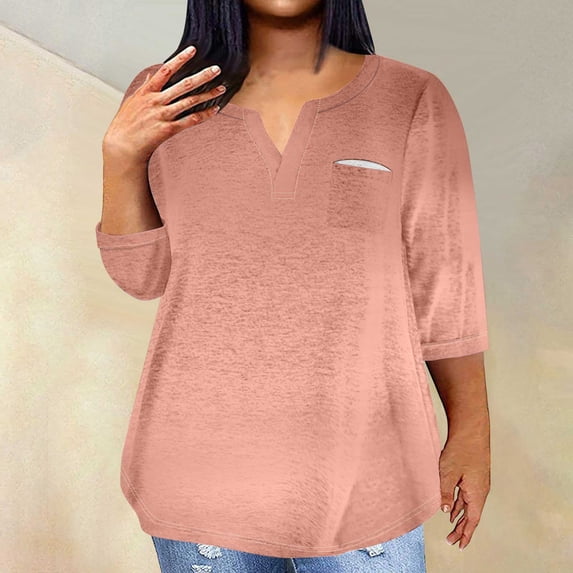 Goodtrade8 Pink Plus Size Tops for Women Plus Size Pocket Solid Color Casual 3/4 Sleeve Plus Size Shirts for Women