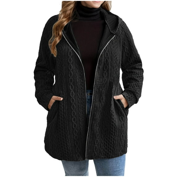 Goodtrade8 Plus Size Coats for Women Zip up Solid Color Pocket Hooded Long Sleeve Casual Women Winter Tops,Sizes XL-XXXXXL
