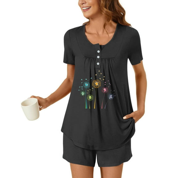 Goodtrade8 Plus Size Pajamas for Women Set 2 Piece Loungewear Casual Crew Neck Flower Short Sleeve Womens Pajama Sets