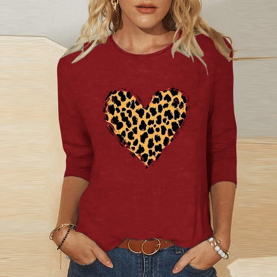 Goodtrade8 Plus Size Shirts for Women 3/4 Sleeve Pullover Crew Neck Spring Summer Valentine Gifts for Girlfriend Womens Tops Cute