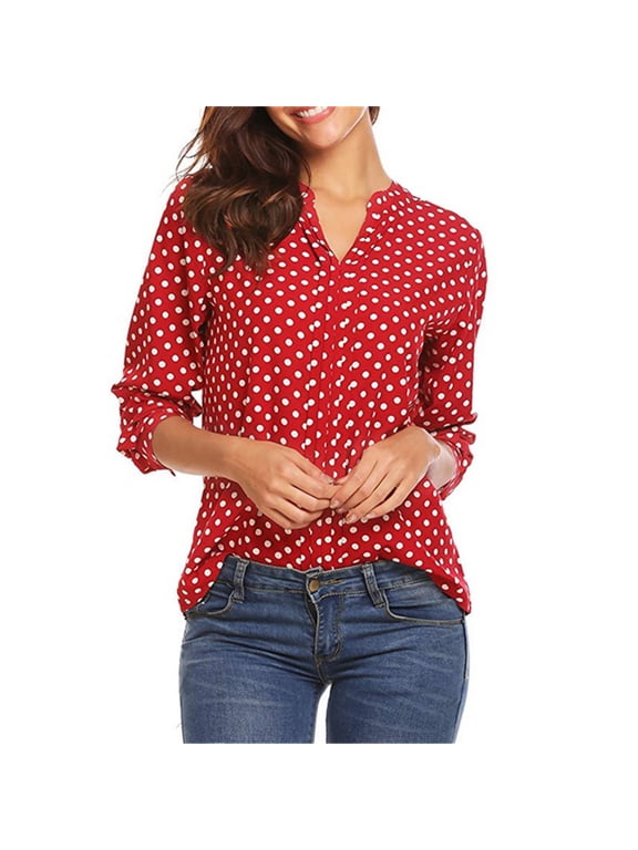 Plus Size Tops Women Polka Dot Red Long Sleeve V-Neck Casual Shirts for Women Plus Size