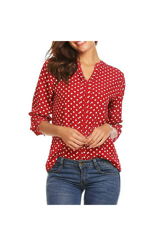 Plus Size Tops Women Polka Dot Red Long Sleeve V-Neck Casual Shirts for Women Plus Size