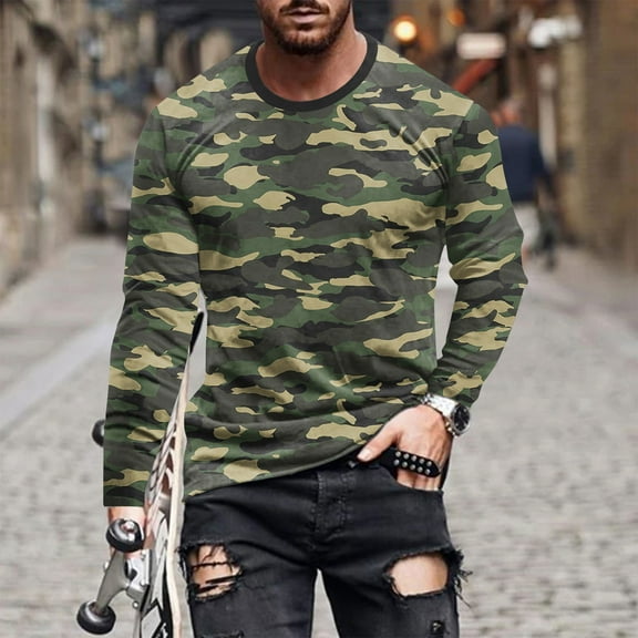 Goodtrade8 Plus Size Tops for Men Printed Long Sleeve Casual Green Crew Neck Plus Size Shirts for Men