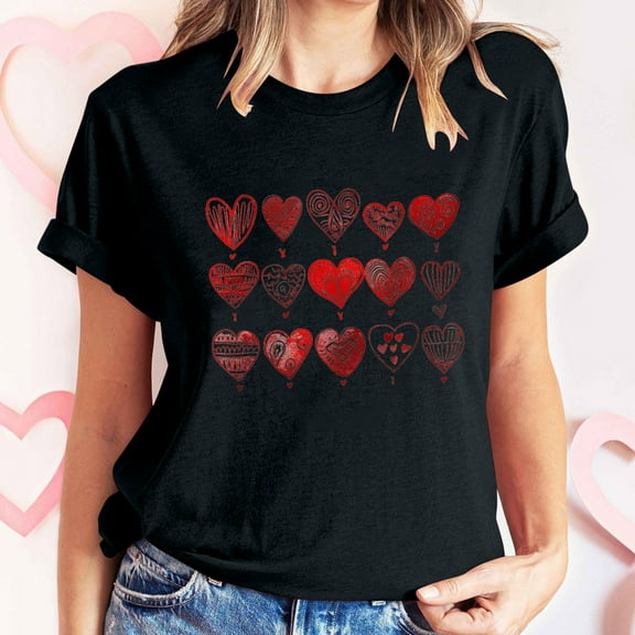 Goodtrade8 Plus Size Valentines Womens Tops Short Sleeve Valentines Women Heart Printed Casual Love Crew Neck Shirts for Women