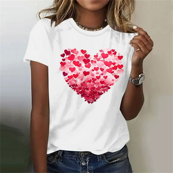 Goodtrade8 Plus Size Womens Shirts Valentines Day Crew Neck Valentines Women Printed Short Sleeve Heart Love Pullover Shirts for Women