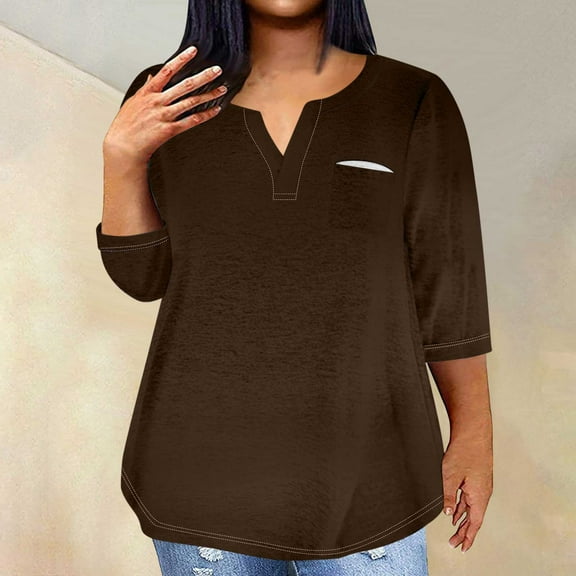 Goodtrade8 Plus Size Womens Tops Oversized Brown Pocket 3/4 Sleeve Solid Color Casual Shirts for Women Plus Size