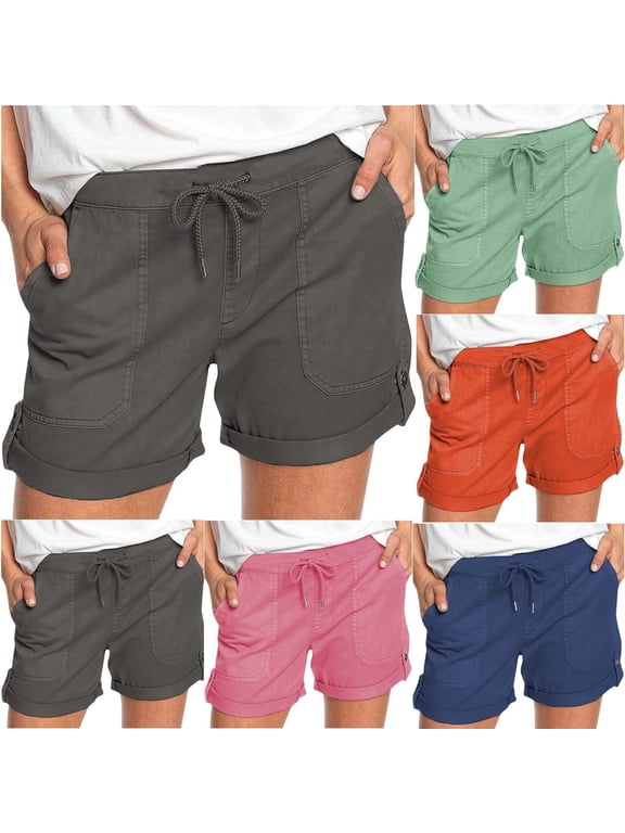 Pocket Women's Cargo Shorts Summer Workout Shorts Solid Color Casual Elastic Waist Ladies Hiking Shorts