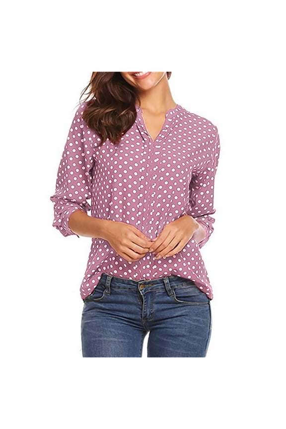 Polka Dot Womens Plus Size Tops Long Sleeve Pink Plus Size Casual V-Neck Fall Shirts