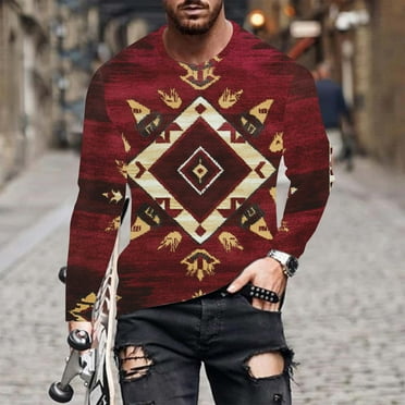 Goodtrade8 Printed Fall Tops for Men Plus Size Long Sleeve Casual Crew Neck Red Winter Shirts for Men