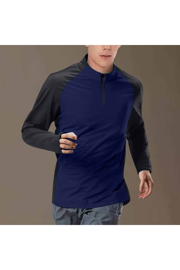 Quarter Zip Fall Tops for Men Color Block Athletic Long Sleeve High Neck Dark Blue Shirts for Men Plus Size
