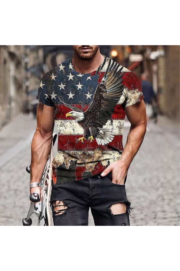 Red White and Blue Tshirts for men Summer Independence Day Pullover Fourth of July Patriotic Eagle Crew Neck Outdoor Mens Tops Short Sleeve