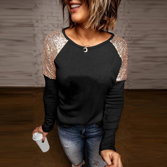 Goodtrade8 Sequin Long Sleeve Shirts for Women Loose Womens Blouses Long Sleeve Casual Color Block Crew Neck Basic Tops