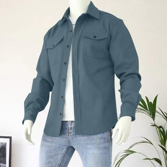Goodtrade8 Shirt Jackets Plain Cotton Button Mens Jackets Lapel Casual Long Sleeve Mens Coats Outerwear Winter