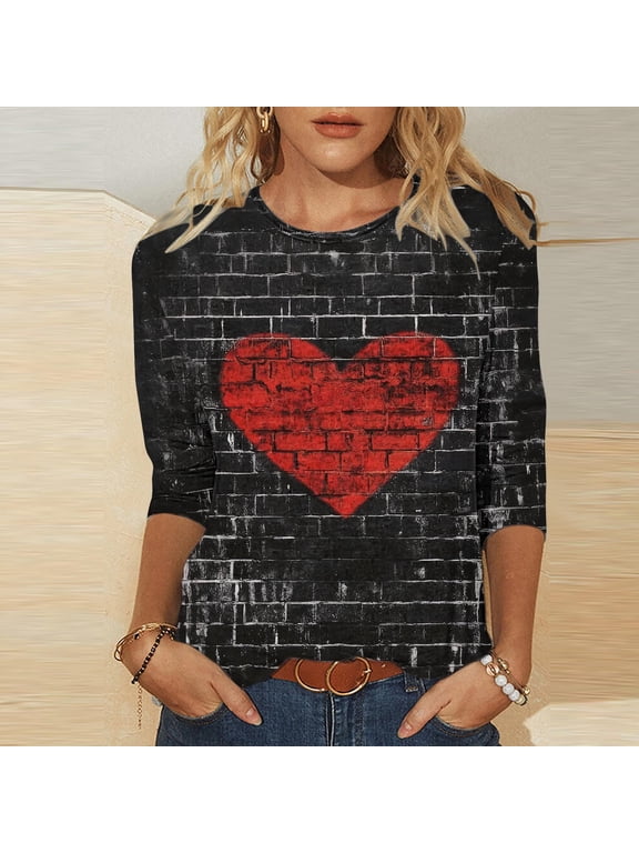 Shirts for Women Plus Size 3/4 Sleeve Pullover Cute Valentine Summer Casual Crew Neck Graphic Spring Womens Tops Trendy