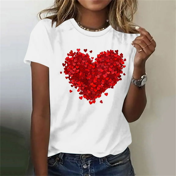 Goodtrade8 Shirts for Womens Valentines Plus Size Crew Neck Ladies Valentines Day Pullover Heart Printed Short Sleeve Love Womens Tshirts