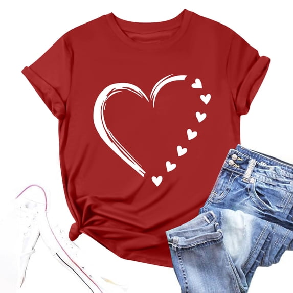Goodtrade8 Shirts for Womens Valentines Short Sleeve Heart Valentines for Women Clothes Printed Cute Crew Neck Love Casual Womens Spring Tops