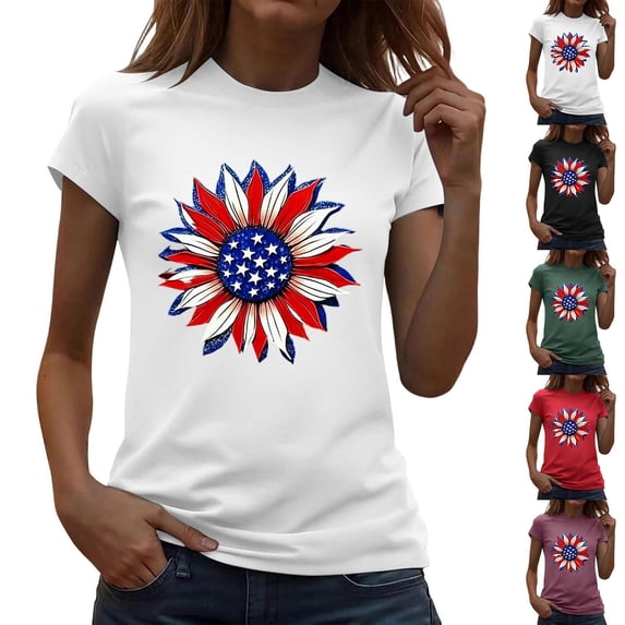 Goodtrade8 Short Sleeve Shirts for Women July 4th USA Years Anniversary Pullover Casual Summer Crew Neck Fashion Graphic Independence Day Womens Shirts Patriotic