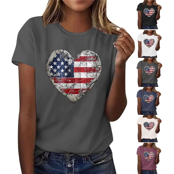 Goodtrade8 Short Sleeve Shirts for Women Red White and Blue Casual Pullover USA Years Anniversary Summer 4th of July Graphic Fashion Patriotic Womens Tops Independence Day