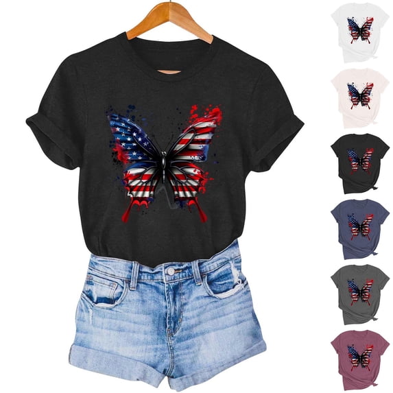Goodtrade8 Short Sleeve Shirts for Women Summer Red White and Blue Pullover July 4th Casual Independence Day American Flag USA Years Anniversary Graphic Womens Shirts Fashion