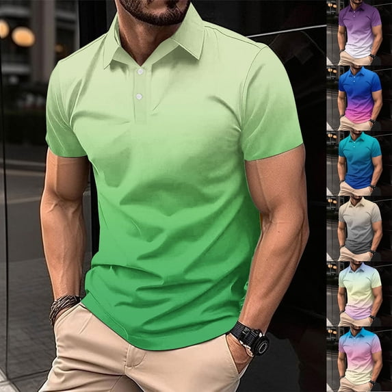 Goodtrade8 Short Sleeve Shirts for Men Summer Polo Pullover Casual Gift for Men Gradient Button up Mens T-Shirts Ropa Para Hombre