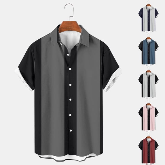 Goodtrade8 Short Sleeve T-Shirts for Men Summer Collar Button Patchwork Hawaii Big and Tall Dress Shirts V-Neck Mens Shirts Casual