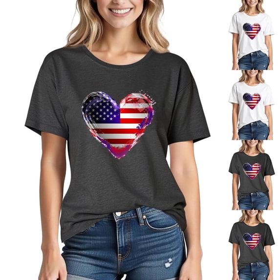 Goodtrade8 Short Sleeve Tops for Women Summer USA Years Anniversary Pullover Independence Day Graphic Red White and Blue Casual Fourth of July American Flag Womens Shirts Crew Neck