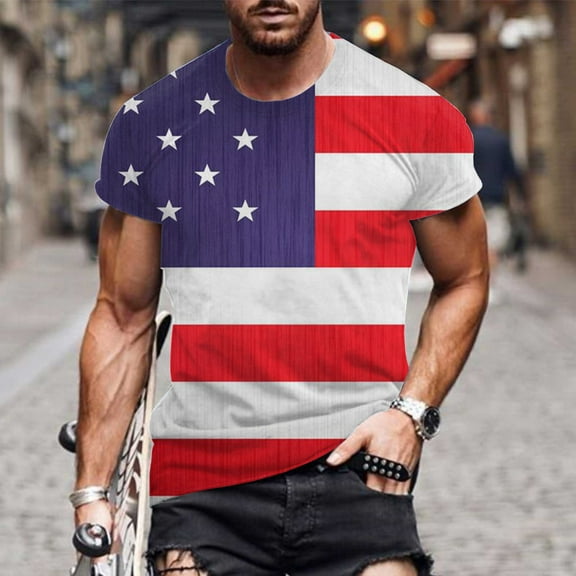 Goodtrade8 Short Sleeve Tshirts for Men Red White and Blue Summer Pullover Fourth of July Crew Neck Striped Patriotic Independence Day Mens Tops