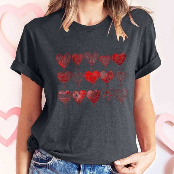 Goodtrade8 Short Sleeve Womens Shirts Valentines Day Plus Size Ladies Valentines Day Printed Casual Love Heart Crew Neck Womens T-Shirts