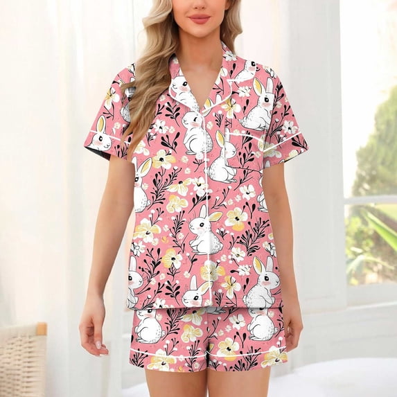 Goodtrade8 Shorts & Tops PJ Sets for Women Button up 2 Pieces Homewear Easter Summer Short Sleeve Pockets Loungewear Lightweight Casual Womens Pajamas Set PJS
