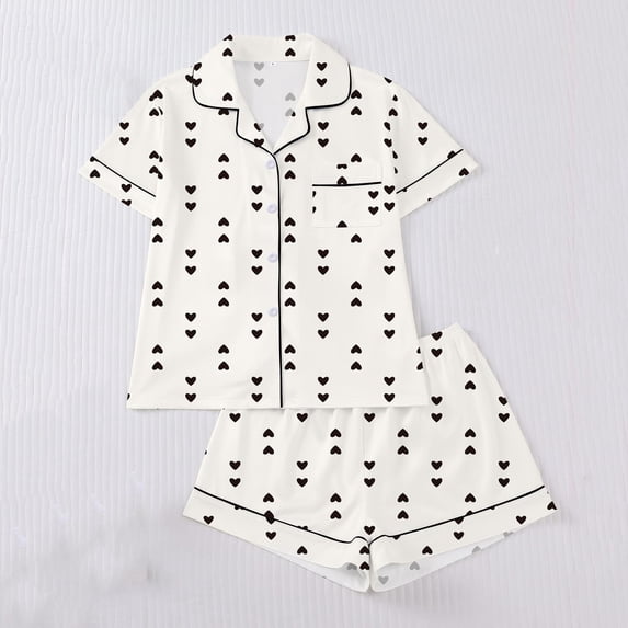 Goodtrade8 Shorts & Tops PJS Sets for Women Button up 2 Pieces Homewear Short Sleeve Heart Print Loungewear Summer Pockets Casual PJS Womens Pajamas Set Lightweight
