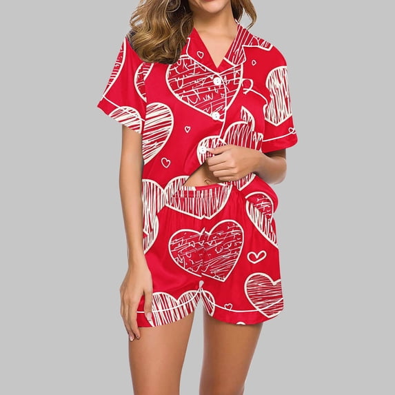 Goodtrade8 Shorts & Tops Pajamas Sets for Women 2 Pieces Button up Homewear Casual Summer Heart Print PJS Loungewear Short Sleeve Holiday Womens Pajamas Pockets