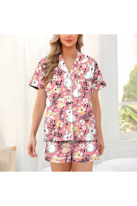 Shorts & Tops Pajamas Sets for Women 2 Pieces Casual Homewear Short Sleeve Button up Summer Easter Loungewear Pockets PJS Womens PJ Sets Homewear