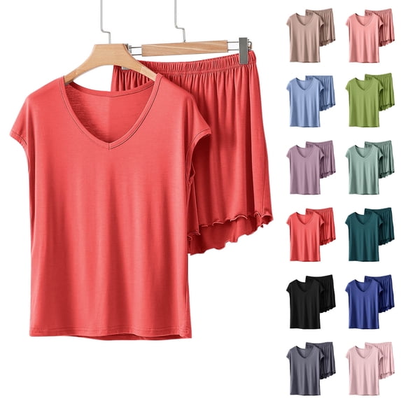 Goodtrade8 Shorts & Tops Pajamas Sets for Women Short Sleeve Modal Homewear Casual Summer Loungewear PJS Solid Color 2 Pieces Womens PJ Sets Homewear