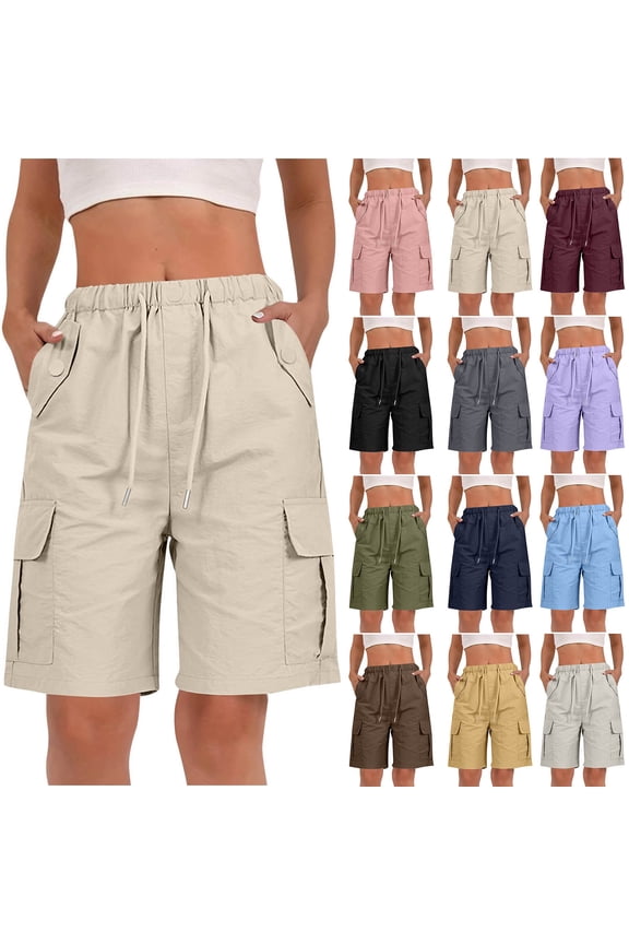 Shorts for Women Cargo Knee Length Summer Bermuda Short Drawstring Athletic Solid Color Shorts for Women