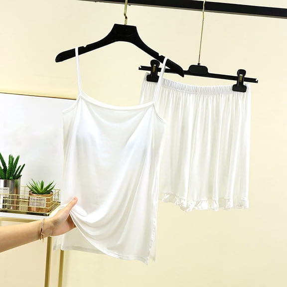 Goodtrade8 Silk Lounge Sets for Women 2 Piece Camisoles Sleeveless Loungewear Solid Color Casual Woman Pijamas