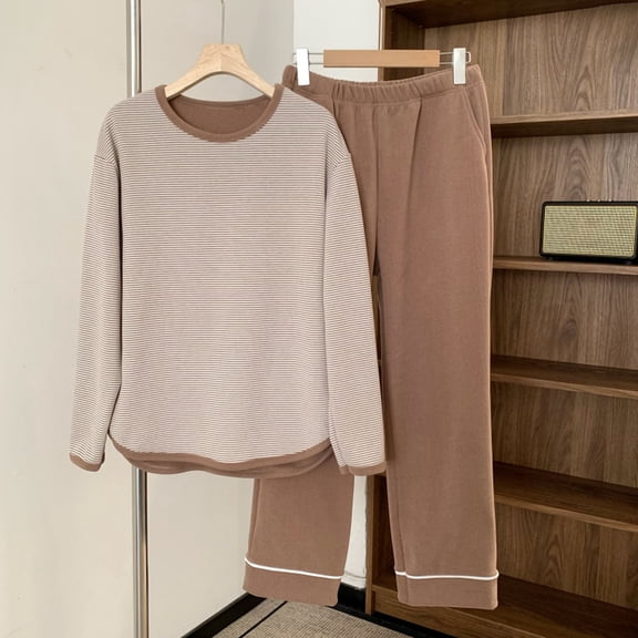 Goodtrade8 Sleepwear Pajama Set Fleece Long Sleeve Solid Color 2 Piece Crew Neck Casual Holiday Pajamas Woman