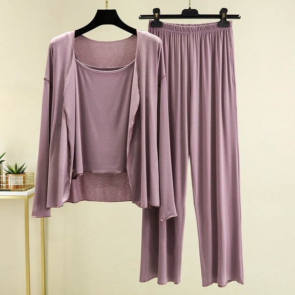 Goodtrade8 Sleepwear for Women 2 Piece Sleepwear Soft Casual Solid Color Crew Neck Long Sleeve Ladies Pjs