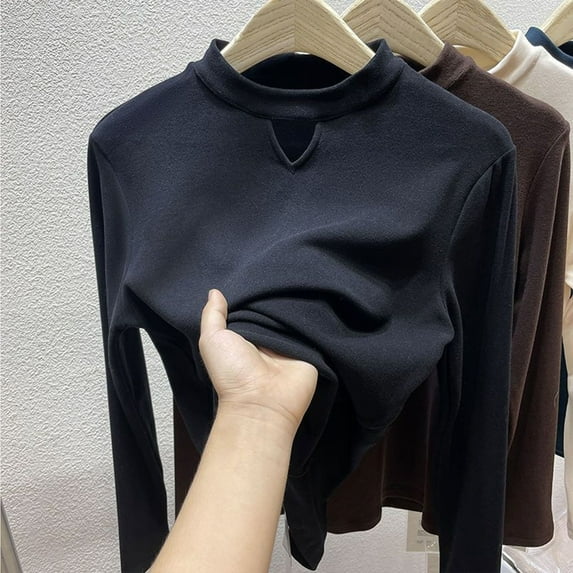 Goodtrade8 Slim Blouses for Women Fleece High Neck Casual Long Sleeve Warm Solid Color Womens Tops for Winter
