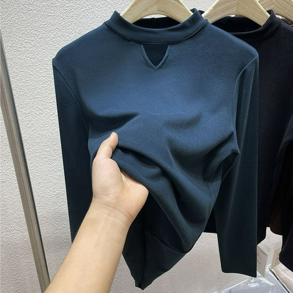 Goodtrade8 Slim Long Sleeve Shirts for Women Fleece Casual Long Sleeve Solid Color Warm High Neck Women Winter Tops