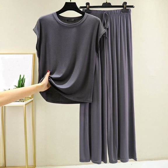 Goodtrade8 Soft Pajama Sets 2 Piece Solid Color Casual Crew Neck Short Sleeve Sleepwear Pajama Tops