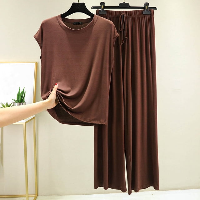 Goodtrade8 Soft Pajamas Women 2 Piece Short Sleeve Sleepwear Solid Color Casual Crew Neck Womens Pajama Tops