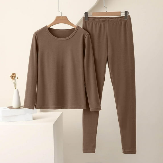 Goodtrade8 Soft Womenswear Pajamas Fleece Crew Neck Casual 2 Piece Long Sleeve Solid Color Holiday Pajamas for Women